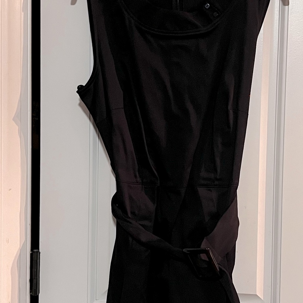 Black dress with belt for work or business casual.